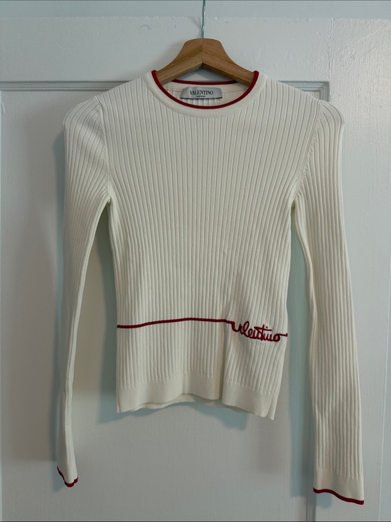 Valentino Tops - Valentino Cream Ribbed Long-Sleeve Top with Red Trim